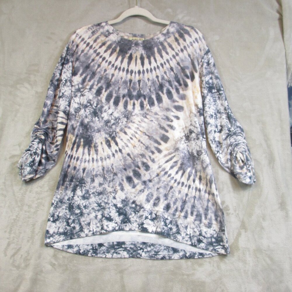 One World Women's Gray Tie Dye Lightweight 3/4 Drawstring Sleeve Crew Neck Tee M